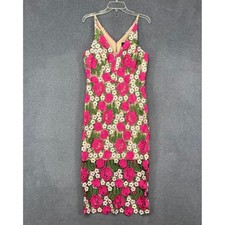 Xscape Floral Embroidered Sheath Dress Womens 10 Pink Lace V-Neck Cocktail Midi