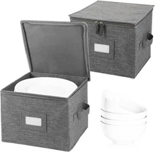 2 Pack Grey 8.5x6" China Storage Container for Bowls with 24 Felt Dividers