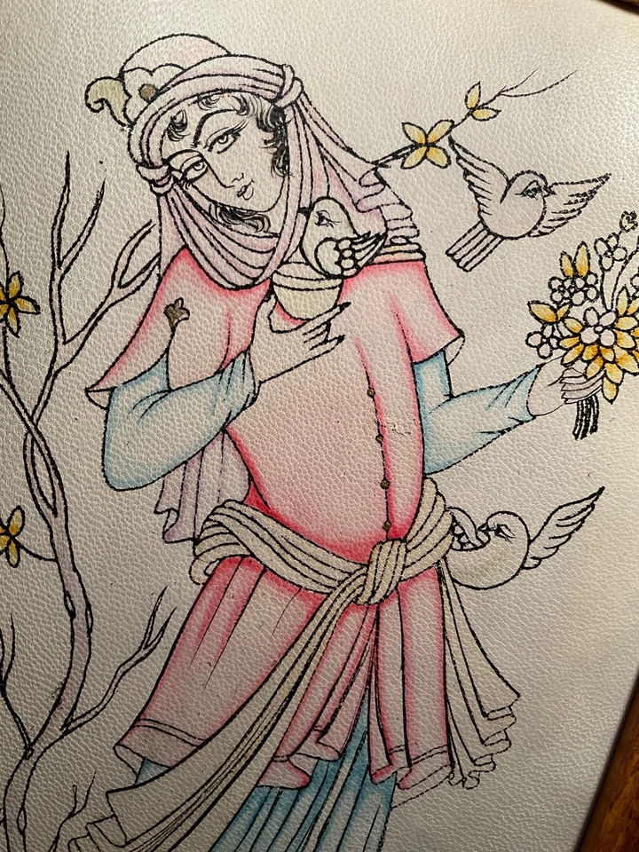 Pintura al óleo persa vintage sobre cuero, enmarcada, 7" x 13" (imagen), 10" x 16 1/4" Foto 2 de 4