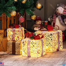 Tangkula Set of 3 Illuminated Gift Boxes - Pre-lit with 100 Warm White Lights
