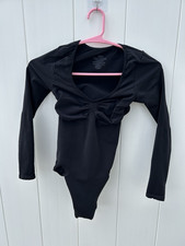 SKIMS Black Long Sleeve Ruched Front Bodysuit XL Stretch Snap Closure Scoop Neck