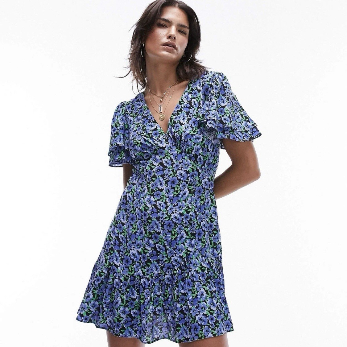 Topshop Bella Tea Dress Blue Floral Angel Sleeve NWT Size US 8 Side Zip
