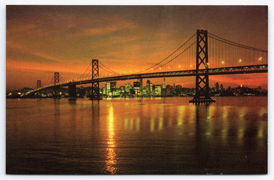 San Francisco California Bay Bridge Sunset City Buildings Vintage Photo Postcard