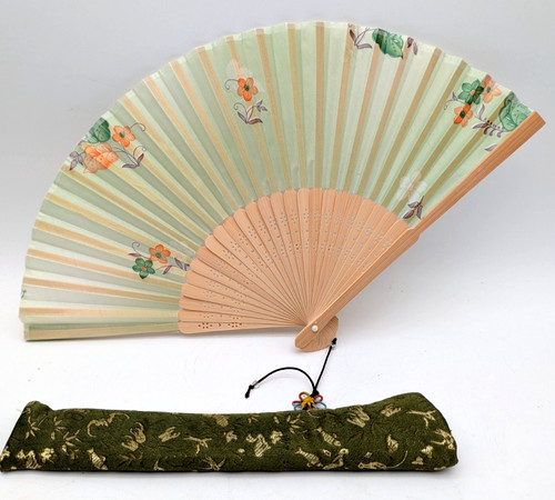 Vintage Japanese Hand Painted Fabric Bamboo Frame Folding Fan W Silk Case
