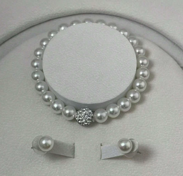 Round White Freshwater Pearl Necklace Earrings Bracelet Set Womens Pearl Jewelry - Image 4 of 4