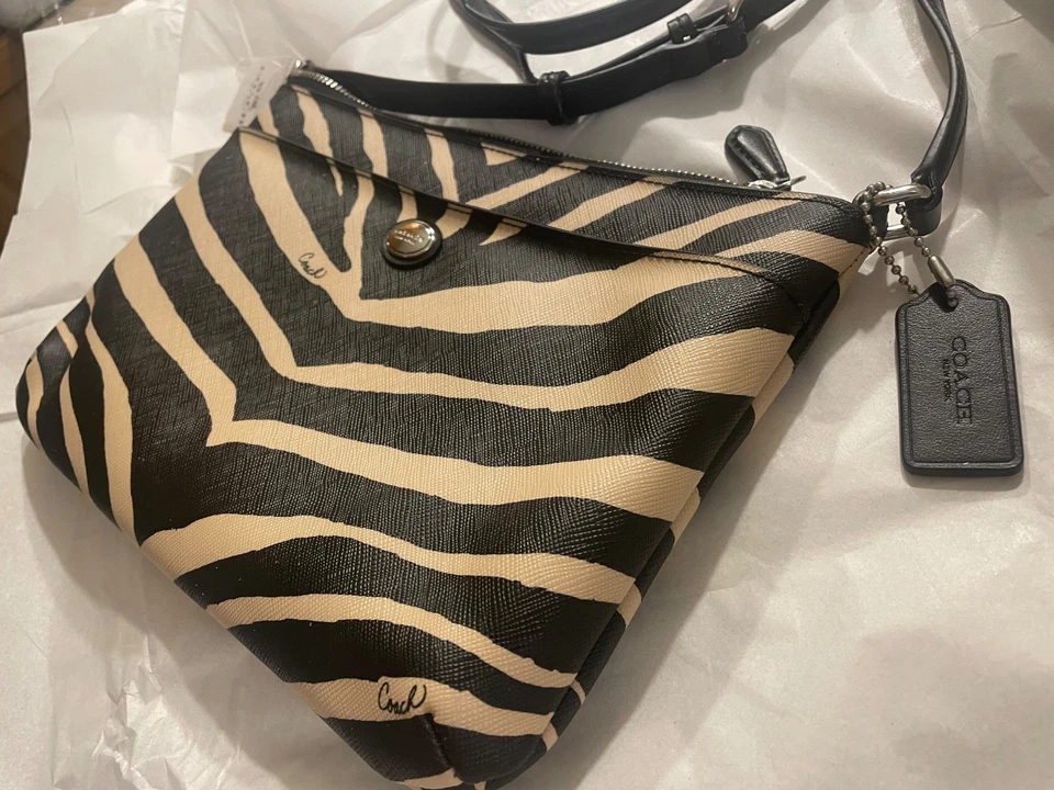 Nuevo Coach Cuero Estampado de Cebra Bandolera Cartera Bolso de Mano Bolso de Archivo de Hombro Dije Foto 2 de 4