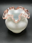 Vintage Fenton Rose Crest vase White With Pink/Melon Ruffled Rim