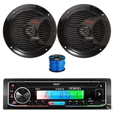 Pyle Single DIN BT Marine Receiver, 2x 6.5" 150W Speakers Black w/ Wire
