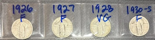 Lot of 4 Different Standing Liberty Quarters, 3 in Fine Condition! 1926 - 1930-S