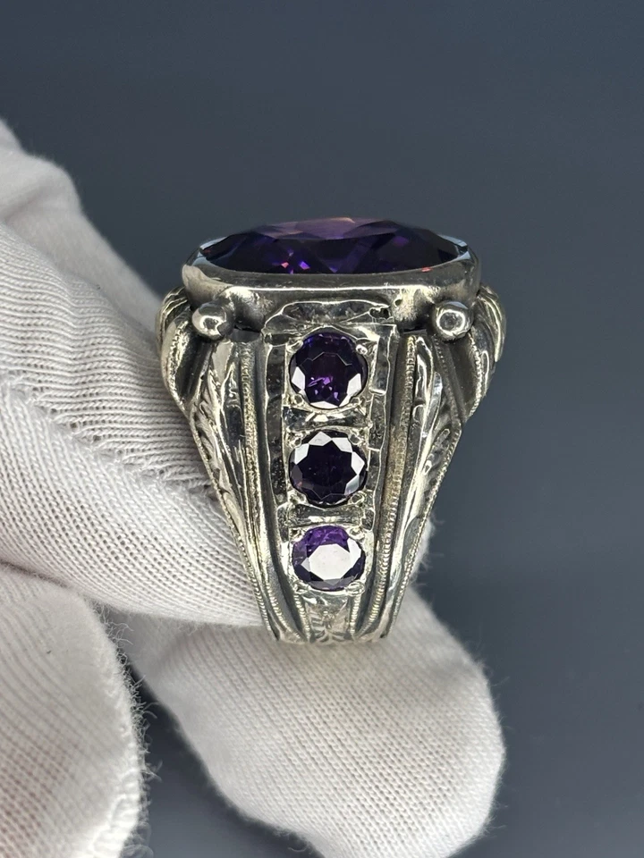 Anillo de plata esterlina de piedra amatista para hombre banda artesanal de filigrana Foto 3 de 4