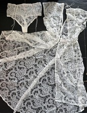 Victoria's Secret M Cintura Alta TANGA+M/L BATA VESTIDO COCO Malla Blanca Bordado