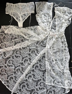 Victoria's Secret L high-waist THONG+M/L ROBE GOWN COCONUT white mesh EMBROIDERY