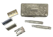 Vintage Gillette Empire Pocket Edition Safety Razor Silver Plate Case & Handles