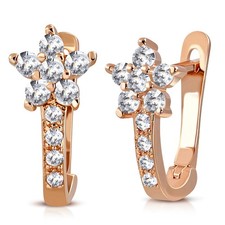 Sterling Silver Rose Gold-Tone CZ Small Girls Huggie Flower Floral Earrings