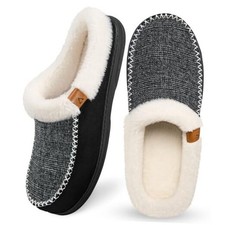 Men's Slippers Slip On Moccasin, Indoor Outdoor Warm 9-10 Black White Wool