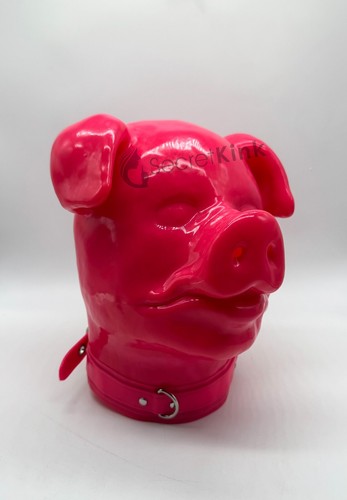 PINK LATEX PIG HOOD RUBBER EXTRA THICK 2MM+ COLLAR PADLOCK HEAVY FETISH BONDAGE - Picture 6 of 15