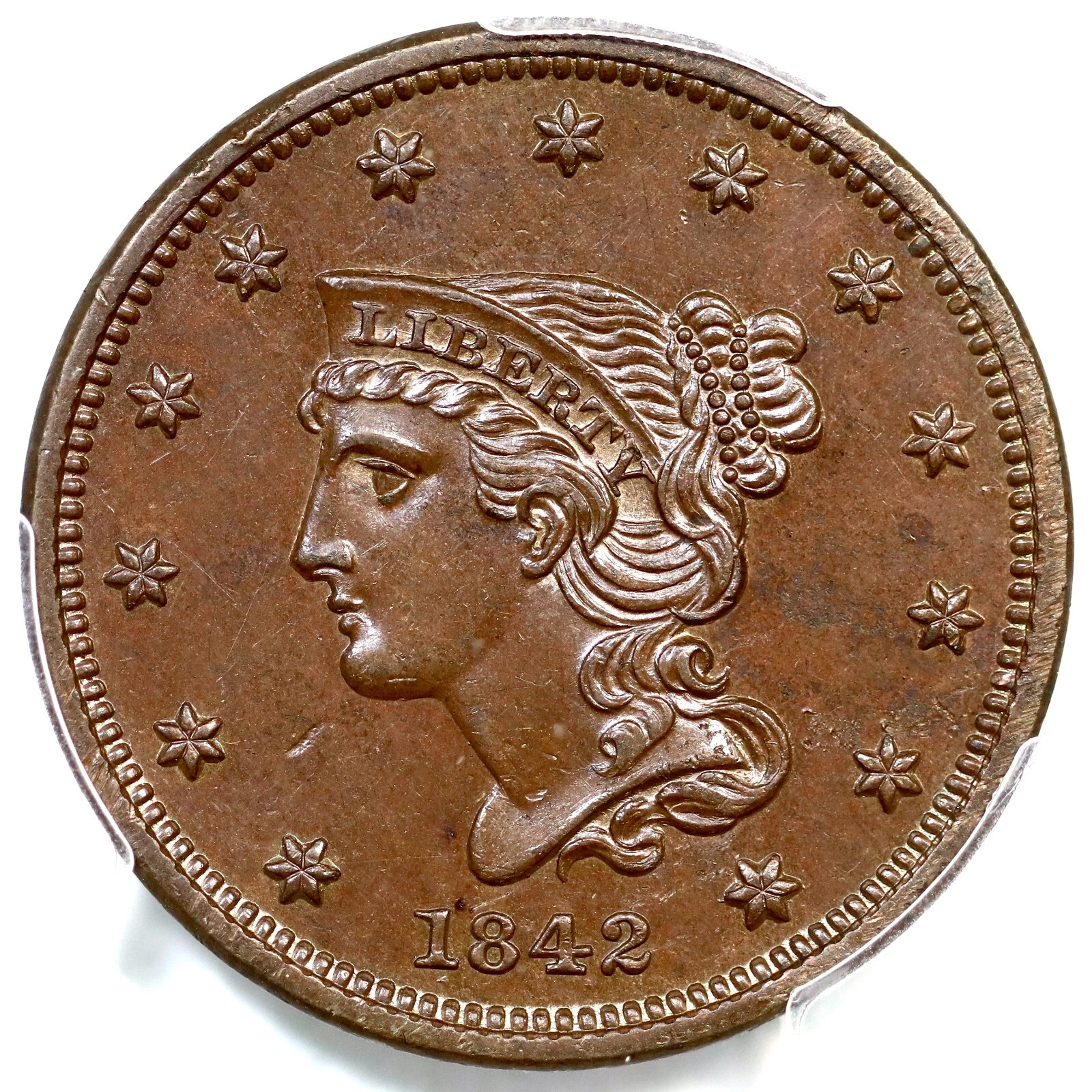 1842 N-1 R-7 PCGS PR 64 BN Braided Hair Large Cent Coin 1c