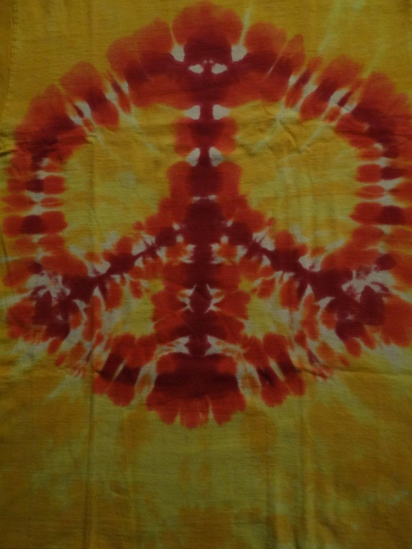 Vintage Sun Dog Tie-Dye T-Shirt Hand Dyed Red Peace Sign on Yellow Large L USA !