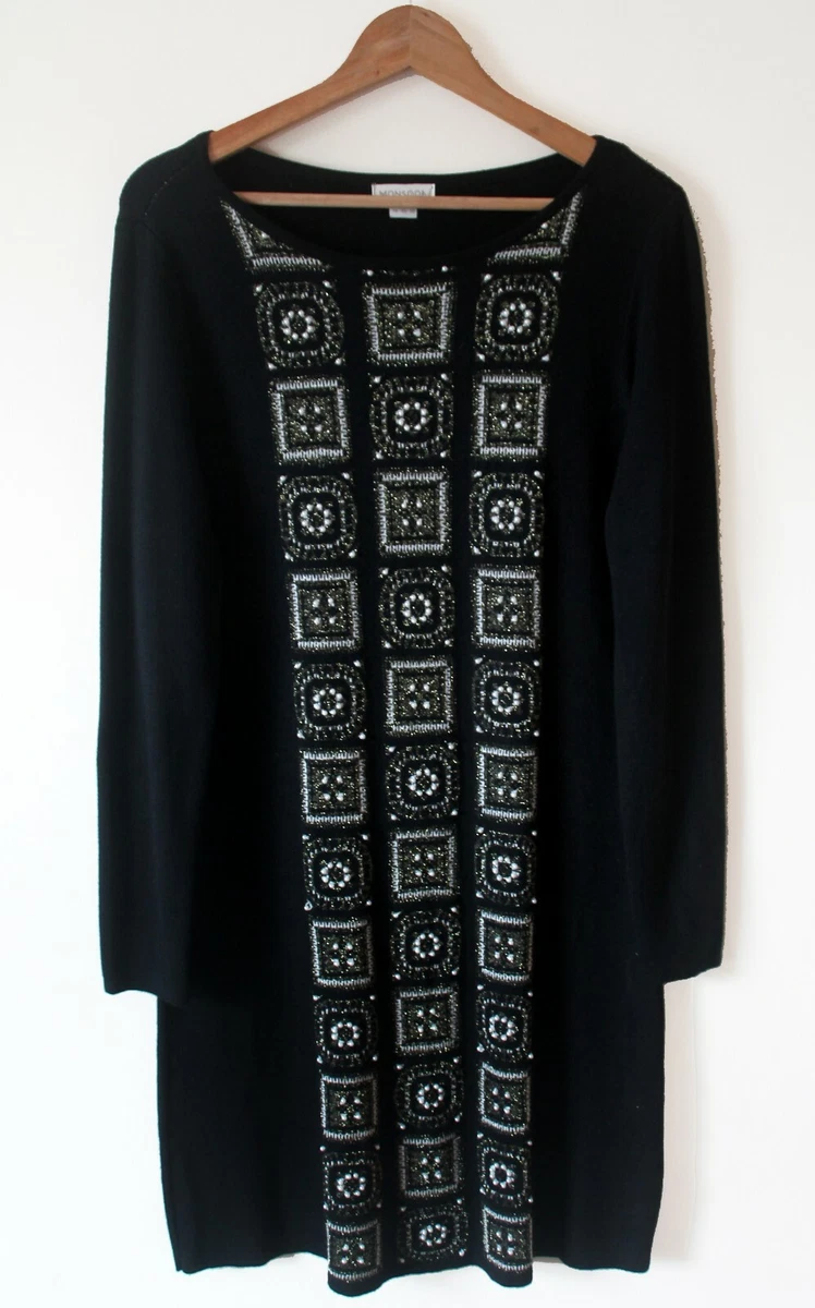 Dress Monsoon Ophelia Size 14 Soft Black Knit Pearl Gold Embellished BNWOT