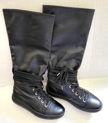 AUTHENTIC CHANEL BLACK LEATHER LACE UP CC LOGO BOOTS 37/6 | eBay