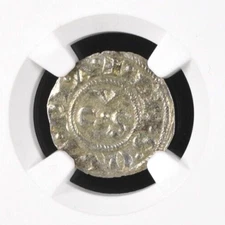 SICILY ITALY Ancona Republic NGC AU 58 BI Denaro AD 1250-1348 CVS Monogram