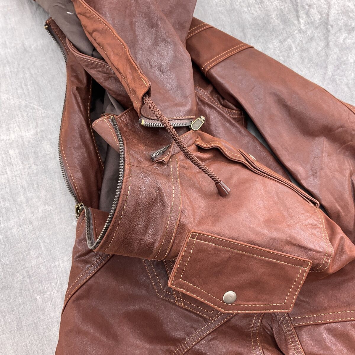 Chabi Jacket Men 42 Rust Brown Leather Hood Lined Full Zip Chabi Jacket Men 42 Rust Brown Leather Hood Lined Full Zip