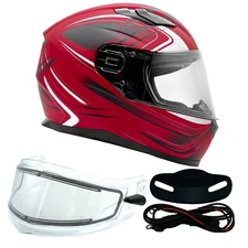 Red Full Face Snowmobile Helmet Dual Lens Heated shield Retractable Sun Visor