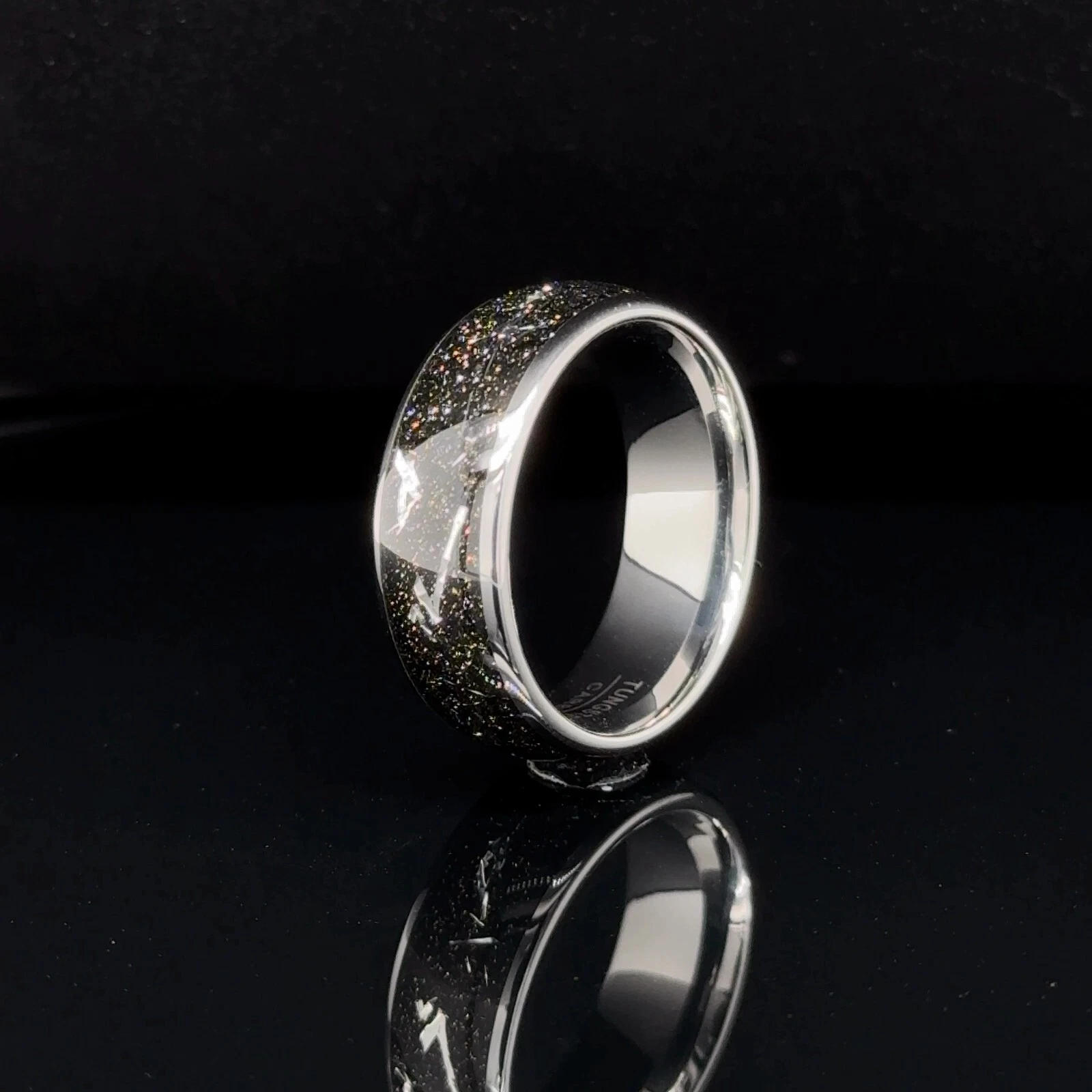 Stylish 8mm Silver Tungsten Ring Black Stardust Inlay Scratch Proof Unisex Band