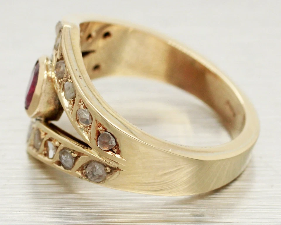 Antiguo anillo Art Deco de diamantes talla rubí y rosa - banda de vástago dividido de oro amarillo de 14 k Foto 4 de 4