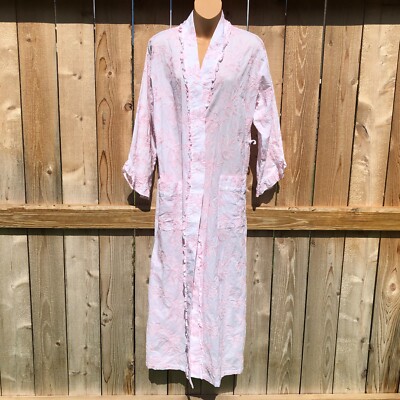 Eileen West Embroidered Maxi Robe Long Sleeve Pink/White Pockets NO BELT S/M