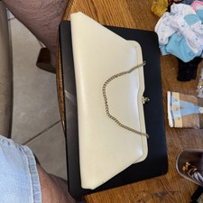 Vintage White Clutch Handbag Gold Clasp Chain Handle Black Lining 50s-60s