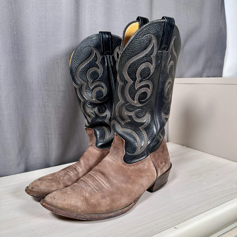Botas de Vaquero Occidentales Nocona Para Hombre Cuero Negro/Marrón Talla 11 Hechas en EE. UU. DE COLECCIÓN Foto 2 de 4
