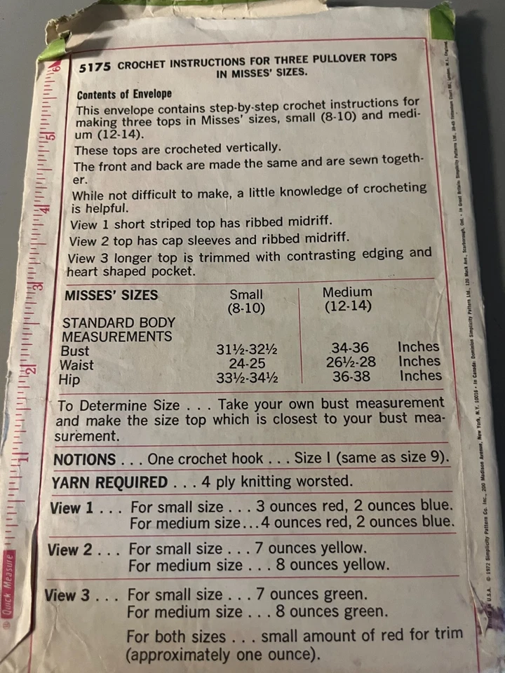 MISSES'- CROCHET Pattern-SIMPLICITY #5175-3 PULLOVER TOPS-ONE SIZE -SMALL,MEDIUM - Image 2 of 2