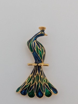 Vintage Peacock Brooch with enamel work and gold-tone accents.