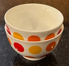 2  CRATE & BARREL Yellow Red Orange Circle Dots Soup Cereal Snack Bowls RETIRED