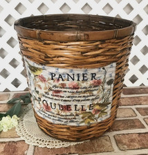 CESTINO O PORTA PIANTE FLOREALE VINTAGE IN VIMINI TESSUTO CAMPAGNA FRANCESE - ALTEZZA 11"