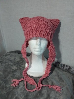 HANDMADE CROCHETED CAT HAT PINK WITH EAR FLAPS NEW 