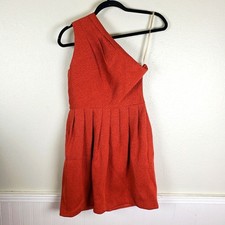 Halston Heritage Pebble One Shoulder Mini Dress Orange Pleated Textured Size 6