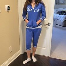 Vtg Y2K rare find GUESS Women s Blue/White 2pc Full Zip Hoodie Pants Set L