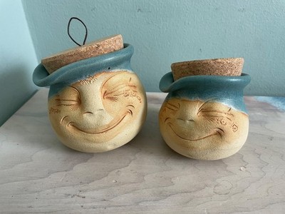 Pair Debra Wolf Hand Crafted Face Honey Pot or Sugar Face Pot Artist Mossy Creek