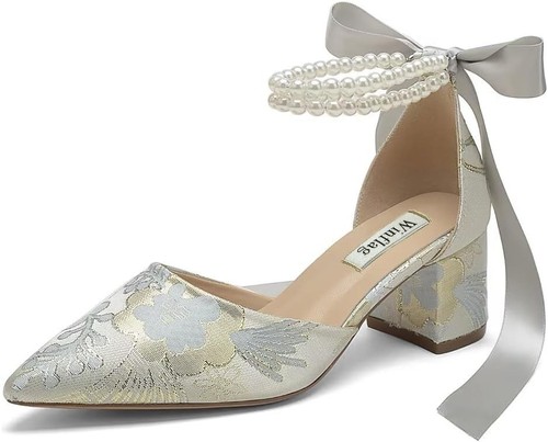 Floral Satin Wedding Shoes for Bride Block Heel Pointed Toe 8.5, Silver-6cm