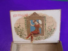 VINTAGE 1880s RED STOCKING. LADY & WINDOW WOODEN CIGAR BOX, COLOR LITHO LABEL