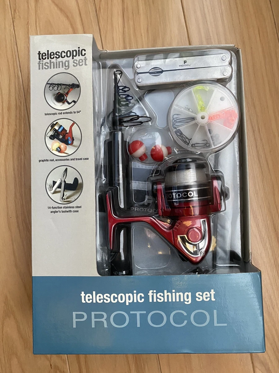 PROTOCOL Telescopic Fishing Set, Kit, 54 Rod, Reel, Hooks, Multi Tool New  #8512