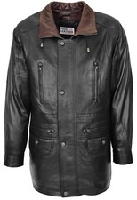 Mens Real Leather Coat Winter Overcoat Classic Style Jason Black Brown Trim