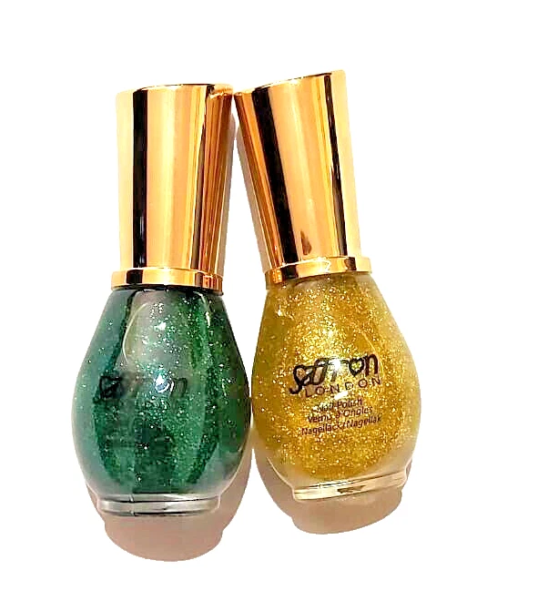Saffron Glitter Nail Polish GREEN GOLD Sparkle Pack 2