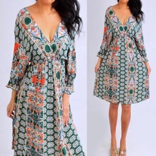 Green Orange Blue Kimono Paisley V Neck Empire Dress Size L Large