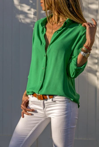 Women's Chiffon Long Sleeve Button Down Shirt Blouse V Neck Tops S-5XL - Picture 3 of 20