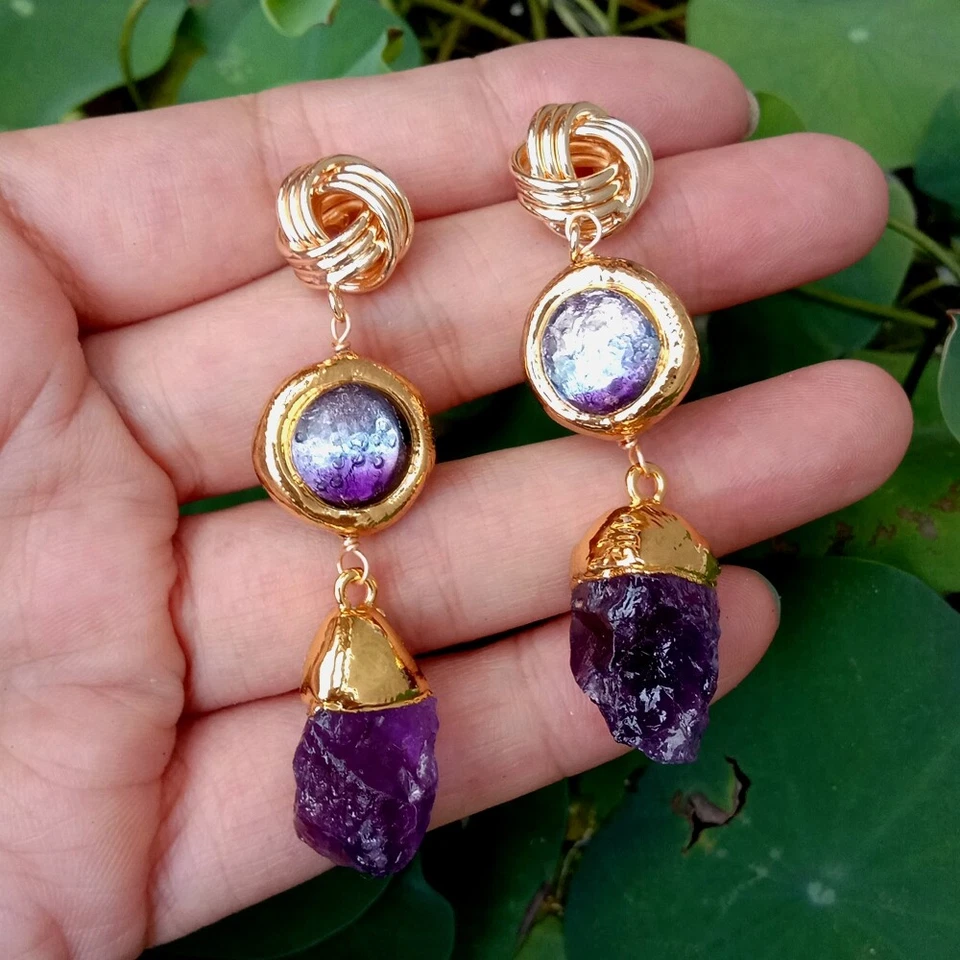 Natural Amethyst Rough Purple Murano Glass Dangle Drop Earrings Jewelry Femme - Image 4 of 4