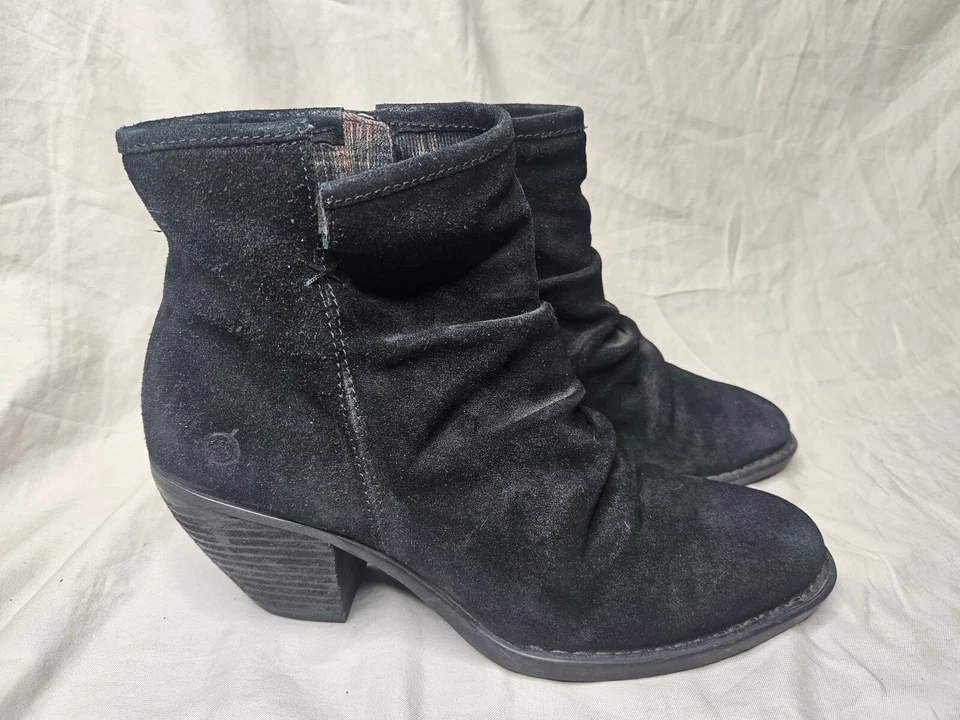 Born Booties Mujer 10 M Negro Gamuza Cuero Acanalado Cremallera Superior Laterales Tacones Bloque Foto 2 de 4