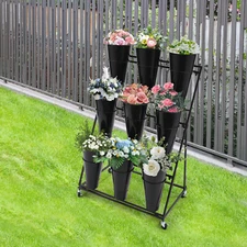 Flower Display Stand Plant Rack W/ Buckets Metal Mobile Florist Bouquet Holder